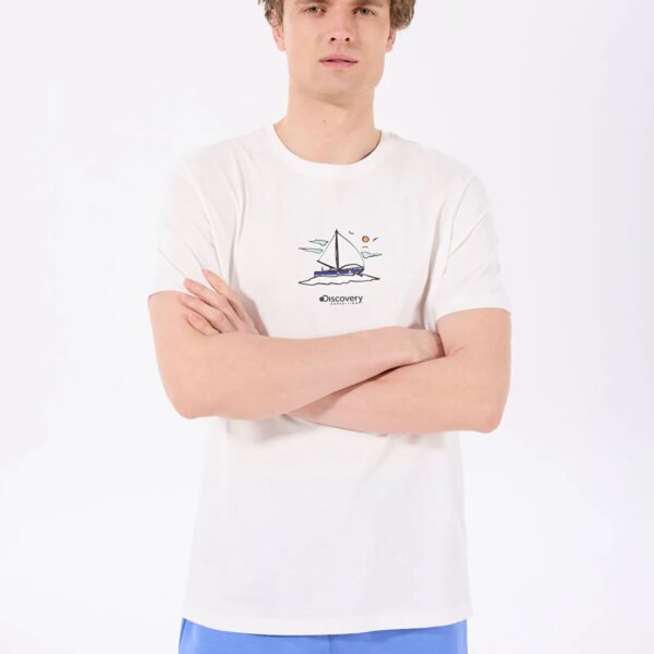 Discovery Expedition Kırık Beyaz Erkek Bisiklet Yaka Relaxed Baskılı T-Shirt YELKEN