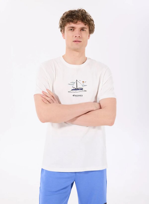 Discovery Expedition Kırık Beyaz Erkek Bisiklet Yaka Relaxed Baskılı T-Shirt YELKEN