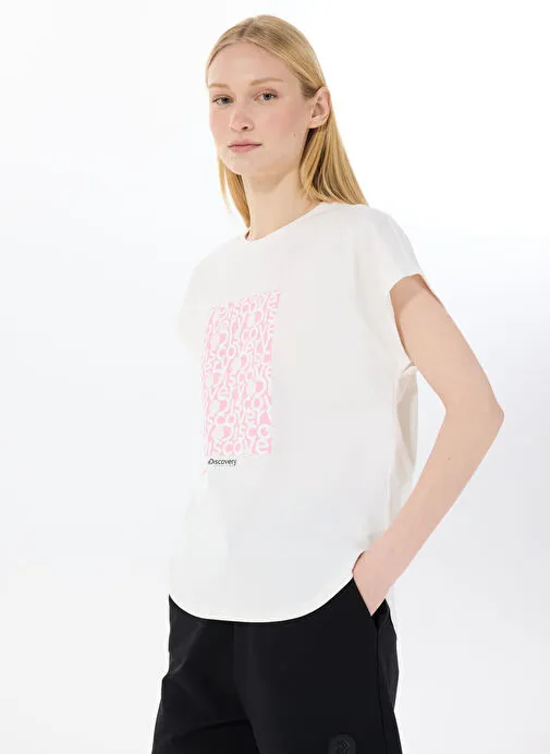 Discovery Expedition Beyaz Kadın Bisiklet Yaka Loose Fit Baskılı T-Shirt D4SL-TST3038