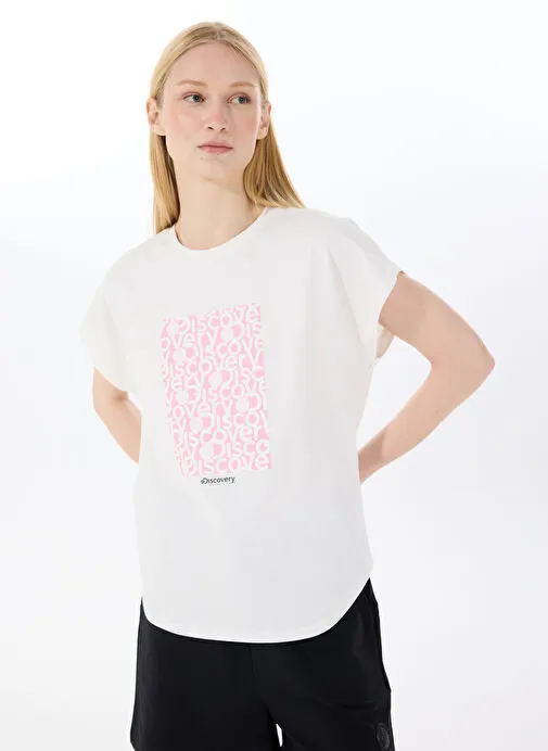Discovery Expedition Beyaz Kadın Bisiklet Yaka Loose Fit Baskılı T-Shirt D4SL-TST3038