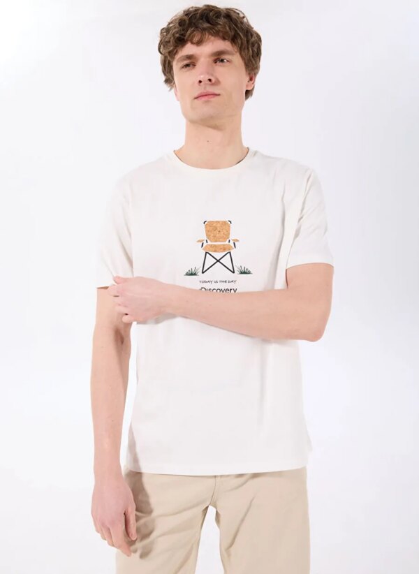 Discovery Expedition D5SM-TST3996 Kırık Beyaz Bisiklet Yaka Relaxed Fit Baskılı T-Shirt