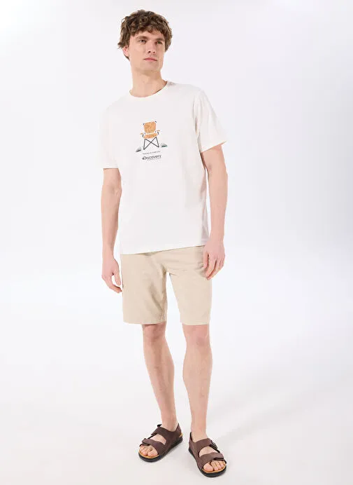 Discovery Expedition D5SM-TST3996 Kırık Beyaz Bisiklet Yaka Relaxed Fit Baskılı T-Shirt