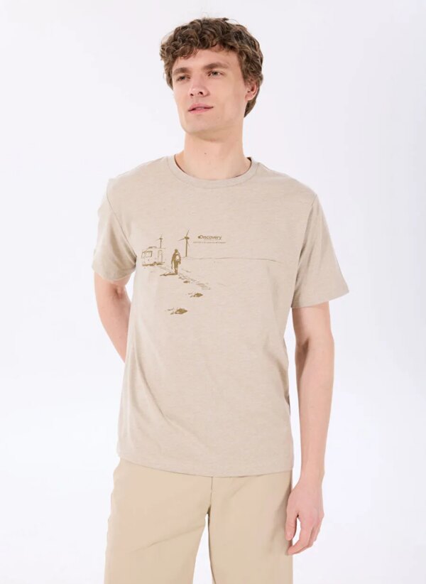 Discovery Expedition D5SM-TST3744 Bej Melanj Bisiklet Yaka Relaxed Fit Baskılı T-Shirt
