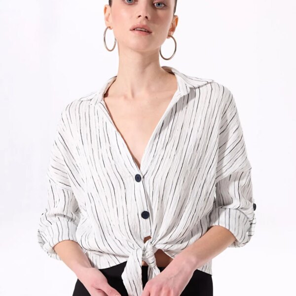 Fabrika Ekru Kadın Çizgili Relaxed Bluz F5SL-BLZ0123