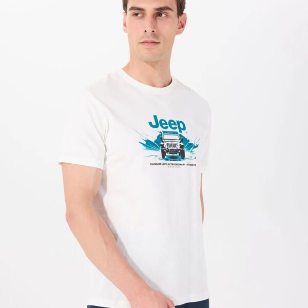 Jeep Bisiklet Yaka Baskılı Kırık Beyaz Erkek T-Shirt J4SM-TST7254