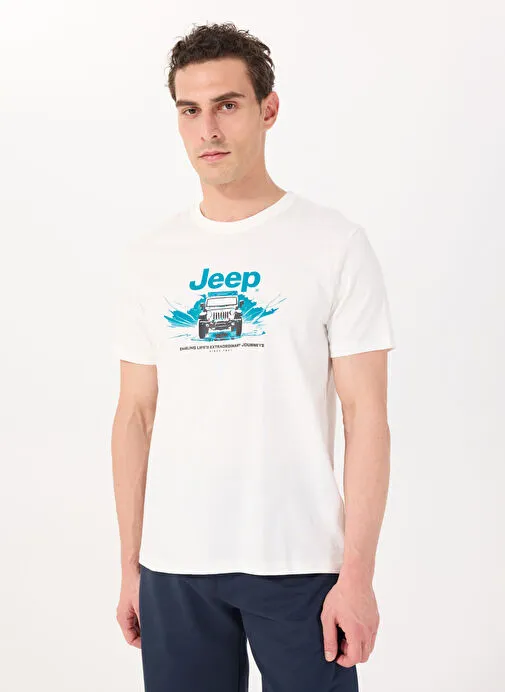 Jeep Bisiklet Yaka Baskılı Kırık Beyaz Erkek T-Shirt J4SM-TST7254