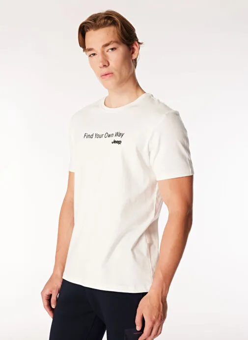 Ekru Erkek Bisiklet Yaka Relaxed Fit Baskılı Pamuk T-Shirt J4WM-TST7215