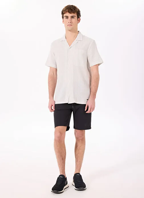 Jeep Ekru-Gri Erkek Apaş Relaxed Çizgili Keten Karışımlı Kısa Kollu Gömlek J5SM-GML7298