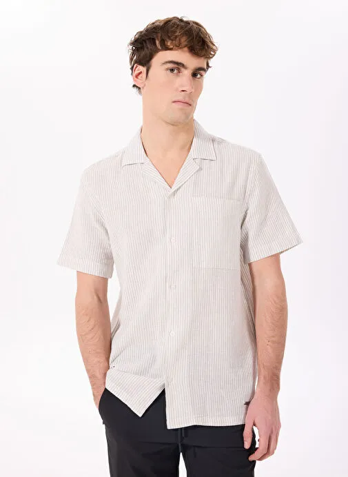 Jeep Ekru-Gri Erkek Apaş Relaxed Çizgili Keten Karışımlı Kısa Kollu Gömlek J5SM-GML7298